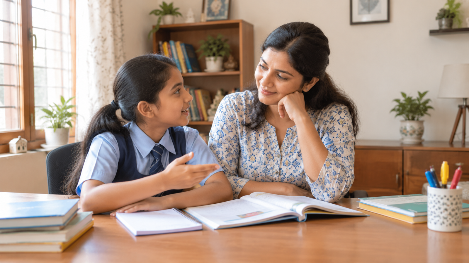 An Indian parent encourages a school-age child to explain a lesson while studying together at home.