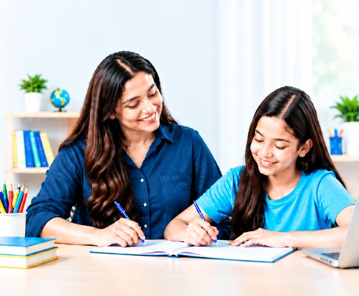 A tutor sitting with a school student, helping her work through an exercise book at home